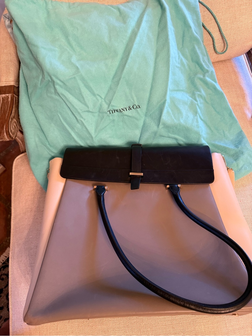 Tiffany & Co. Two-Tone Leather Tote in Black and Taupe with Cream Sides